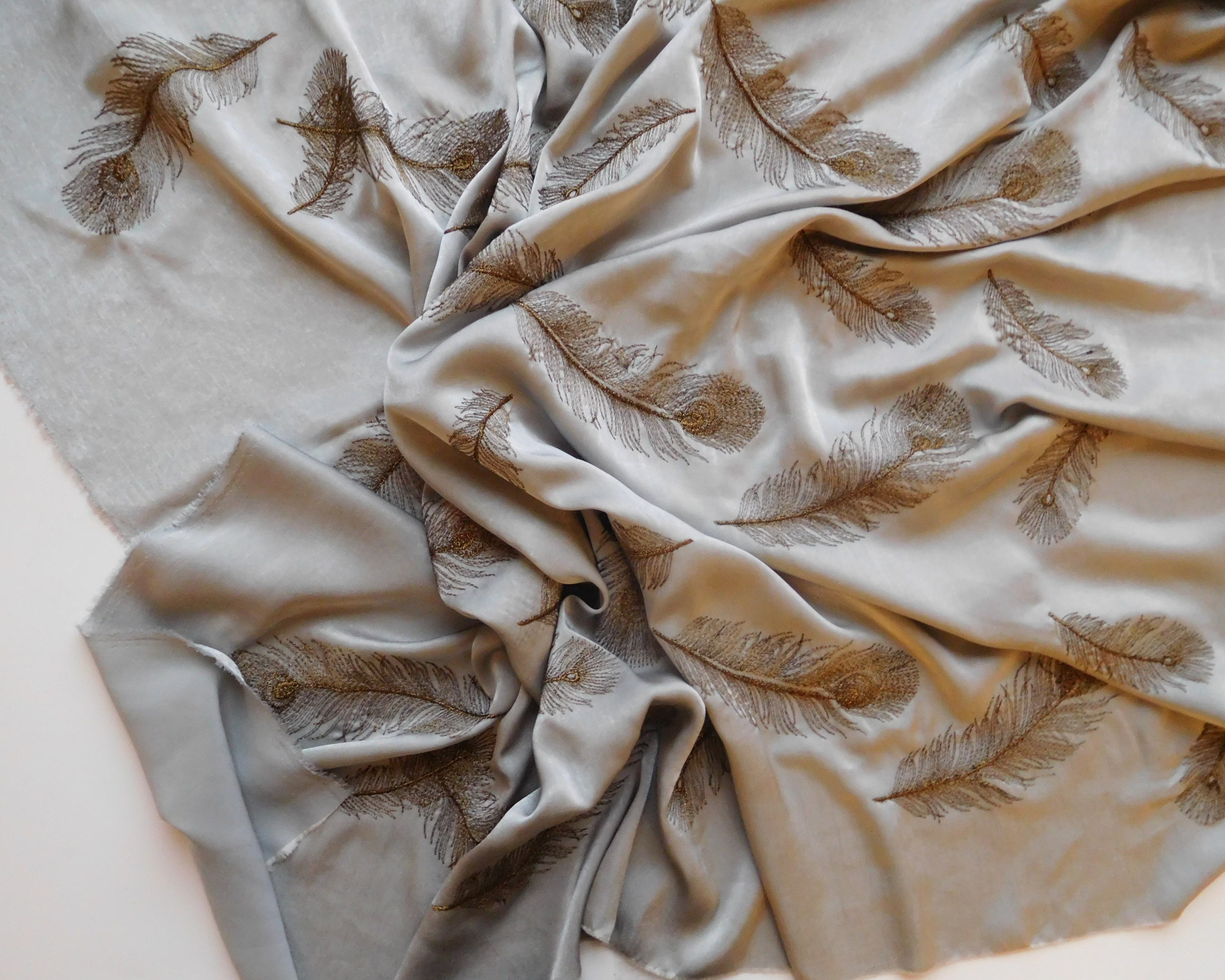 Satin Fabric, Silver with Gold Embroidery, (100cmx110cm)