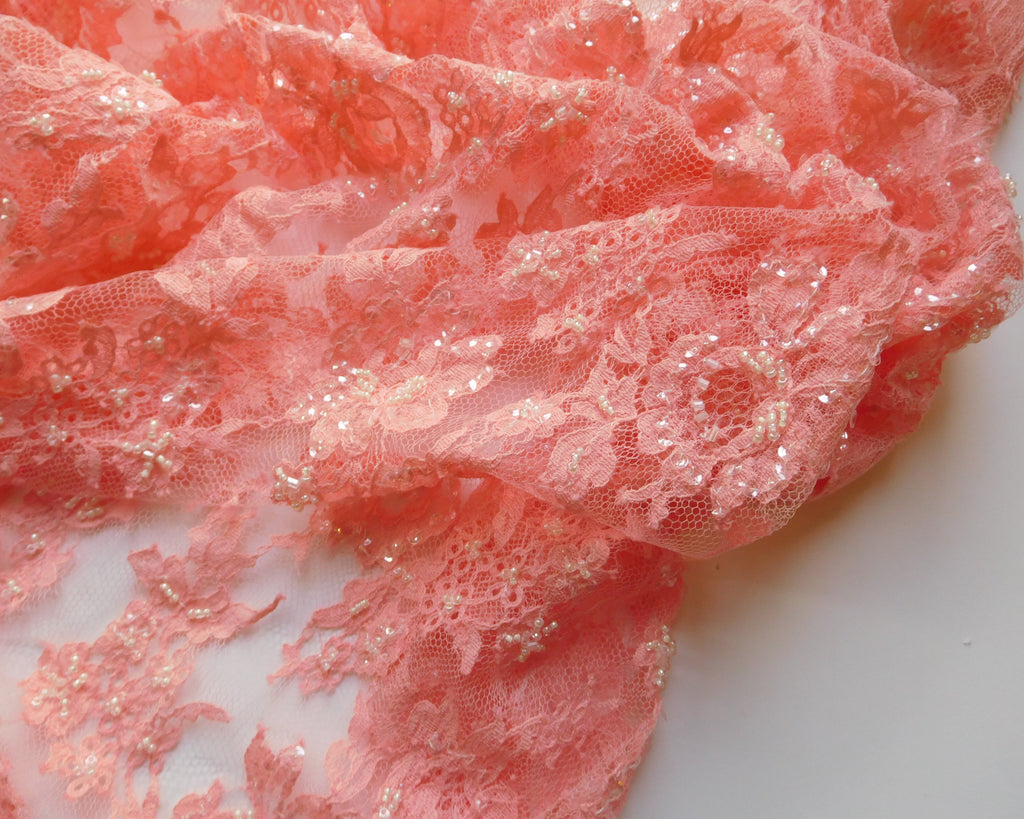Hand-dyed Beaded Lace with Trim, Peach Pink, (85cmx50cm) Designer Offcuts
