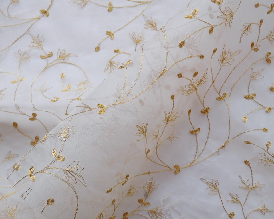 Embroidered Organza, White with Gold Thread, Bundle of 2