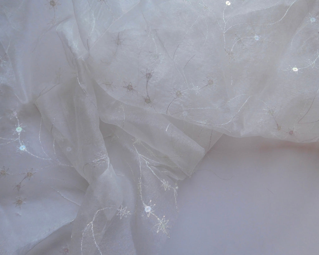 Embroidered Organza, Stars, White with Sequinned Thread (75cmx60cm)