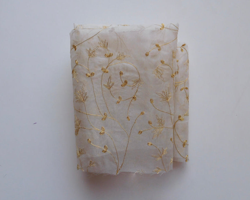 Embroidered Organza, White with Gold Thread, Bundle of 2