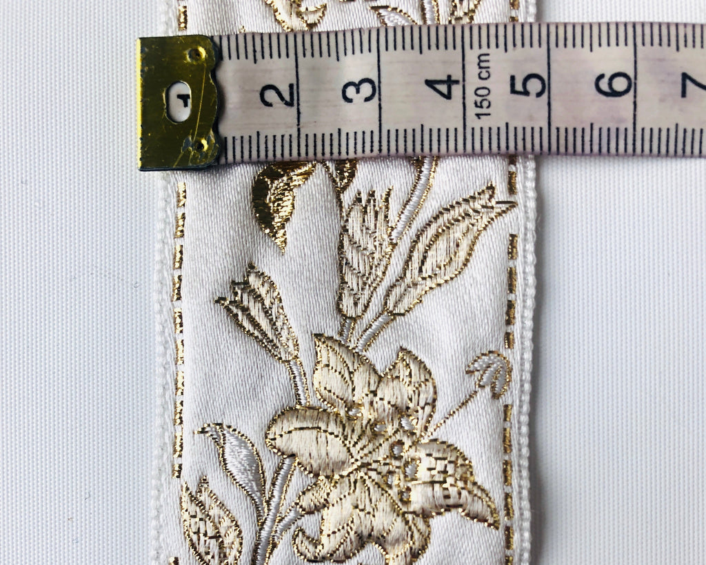 Wide Floral Patterned Ribbon, Gold and White, By the Metre Designer Offcuts